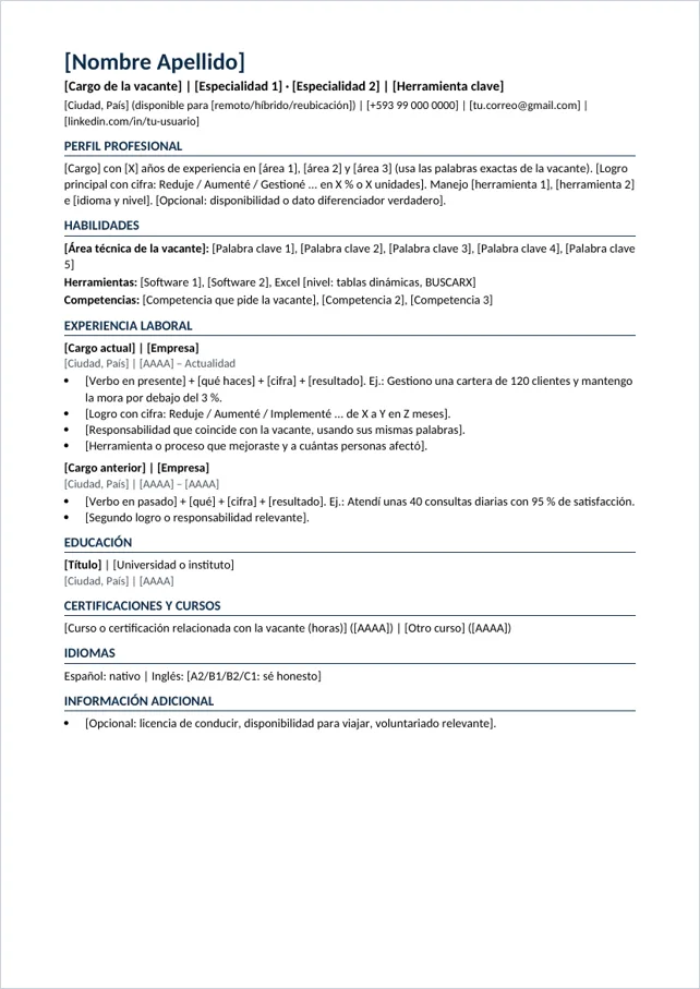 Plantilla de CV ATS en español con campos entre corchetes